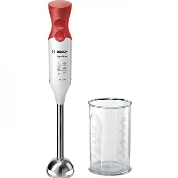 Mixeur Electrique    plongeant - 450 Watt - Pied  inox - 4 lames aiguisées - 2 Vitesses - Bol gradué 600 ml - blanc/rouge usage non-intensif BOSCH