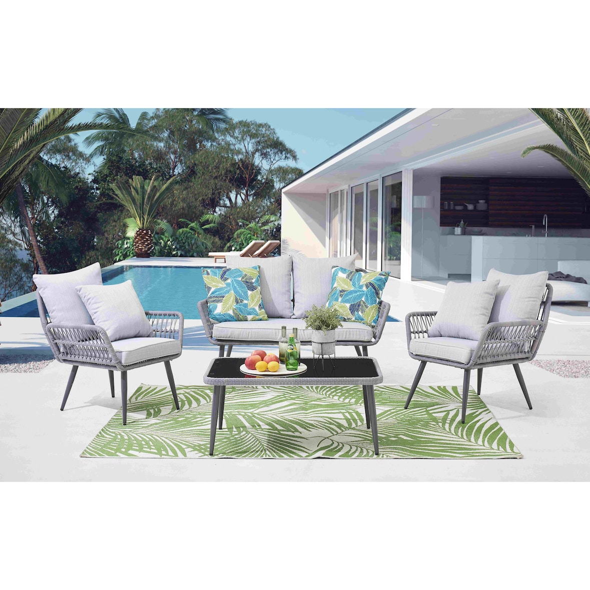 Möbilia Garten Sitzgruppe 4-tlg | 2 Stühle, 1 Bank, 1 Tisch | inkl. Sitz- und Rückenkissen | Polyrattan | grau | 10020014 | Serie GARTEN