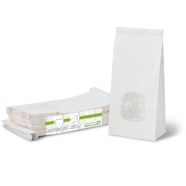Greenbox - Bolsa tipo bloque con ventana M, 11,5 x 7 x 24,5 cm, lámina de PP, blanca, cinta con clip, papel kraft, 400 unidades.