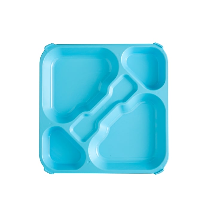Tabuleiro quadrado de 5 compartimentos em policarbonato azul claro (caixa de 30 unid.)