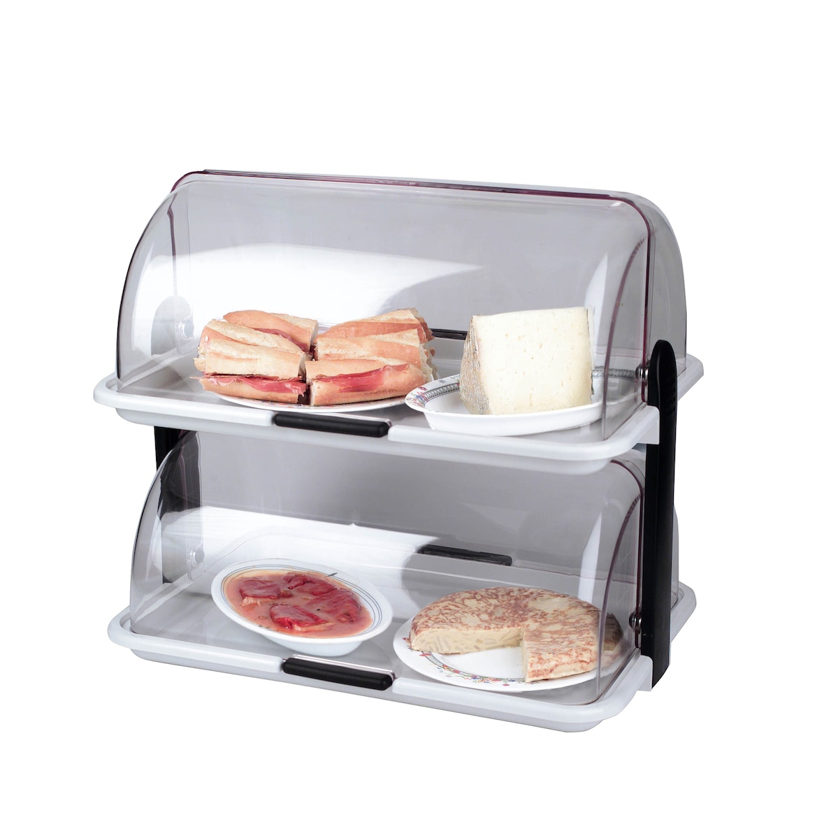 Expositor de productos profesional Doble. Vitrina transparente para alimentación.