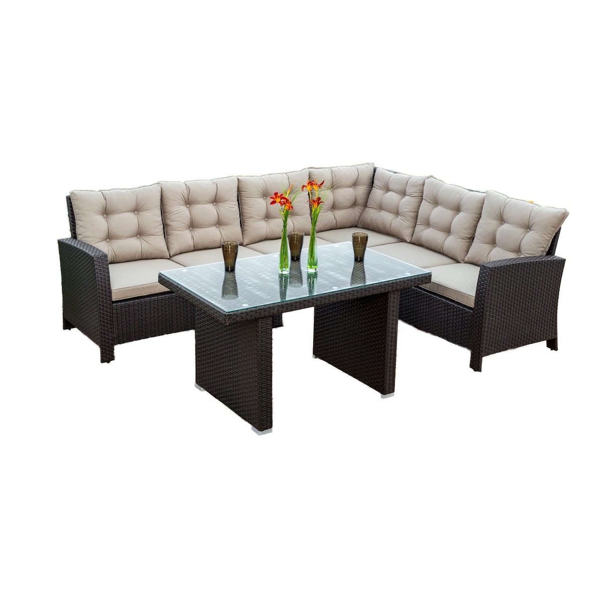 Merxx Salerno Eckbank Dinning Set, 1 Eckbank inkl. Sitz- und Rückenkissen, 1 Tisch 120 x 70 cm, Stahl/Kunststoffgeflecht