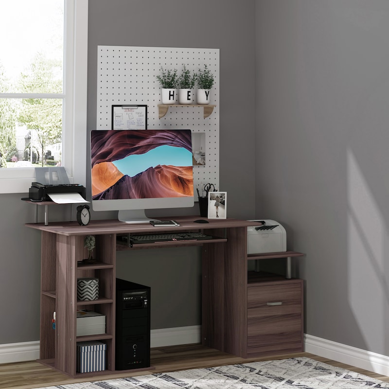 HOMCOM Scrivania Moderna Porta PC in Legno con Cassetti, Mensola Estraibile e Porta Tastiera, 120x55x85cm, Marrone|Aosom