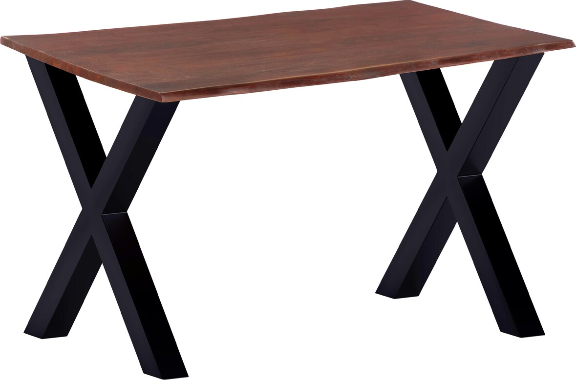 Esstisch Baumkante massiv Akazie kastanienfarben 120 x 80 cm X-Gestell schwarz Roxana
