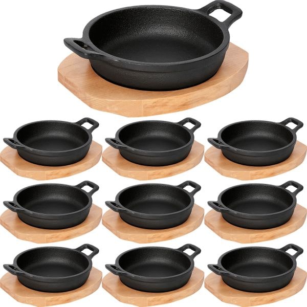 10x WAS Germany Servierpfanne mit Holzuntersetzer und zwei Seitengriffen Ø 13 cm Gusseisen