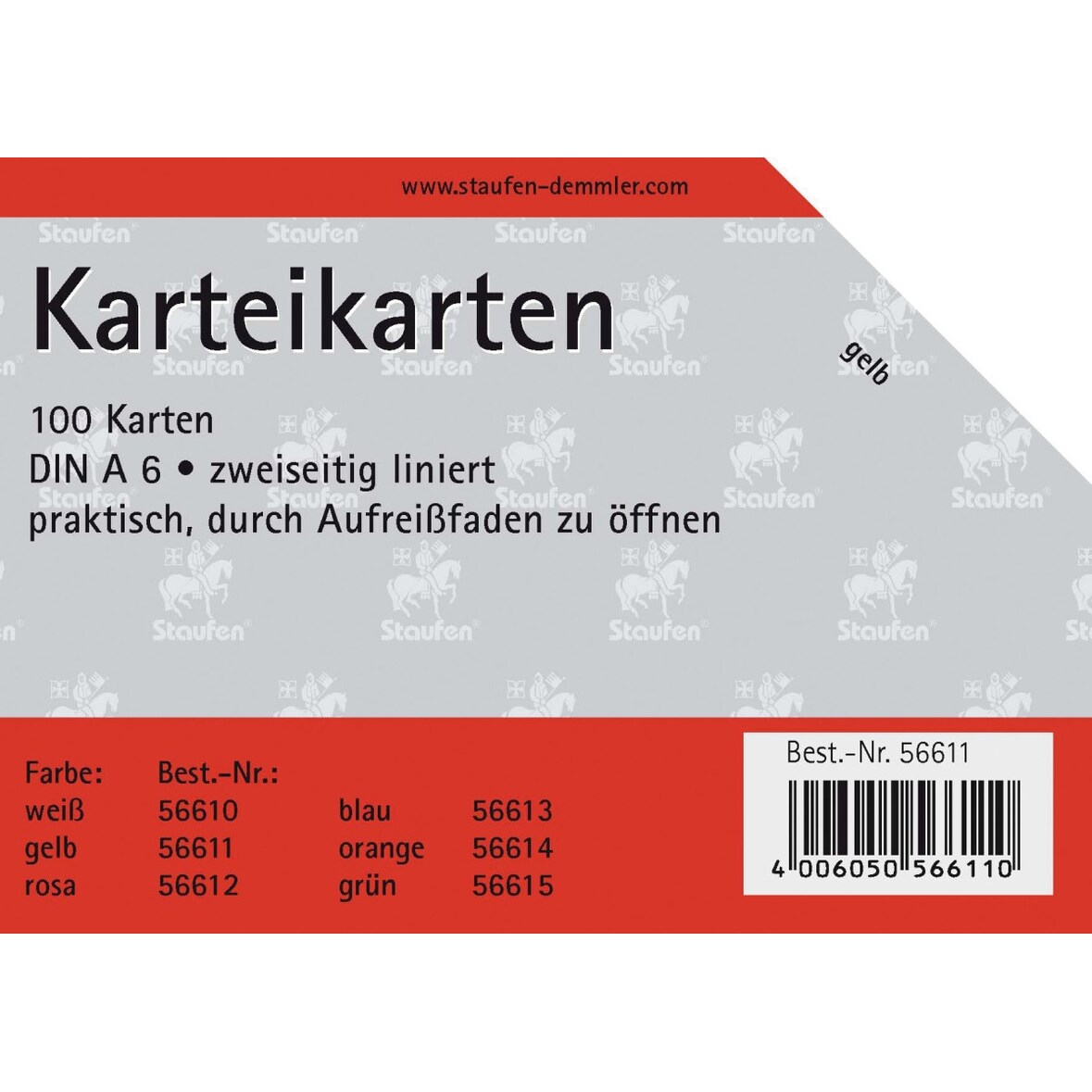 Karteikarten A6 liniert 180g/qm gelb VE=20x100 Stück