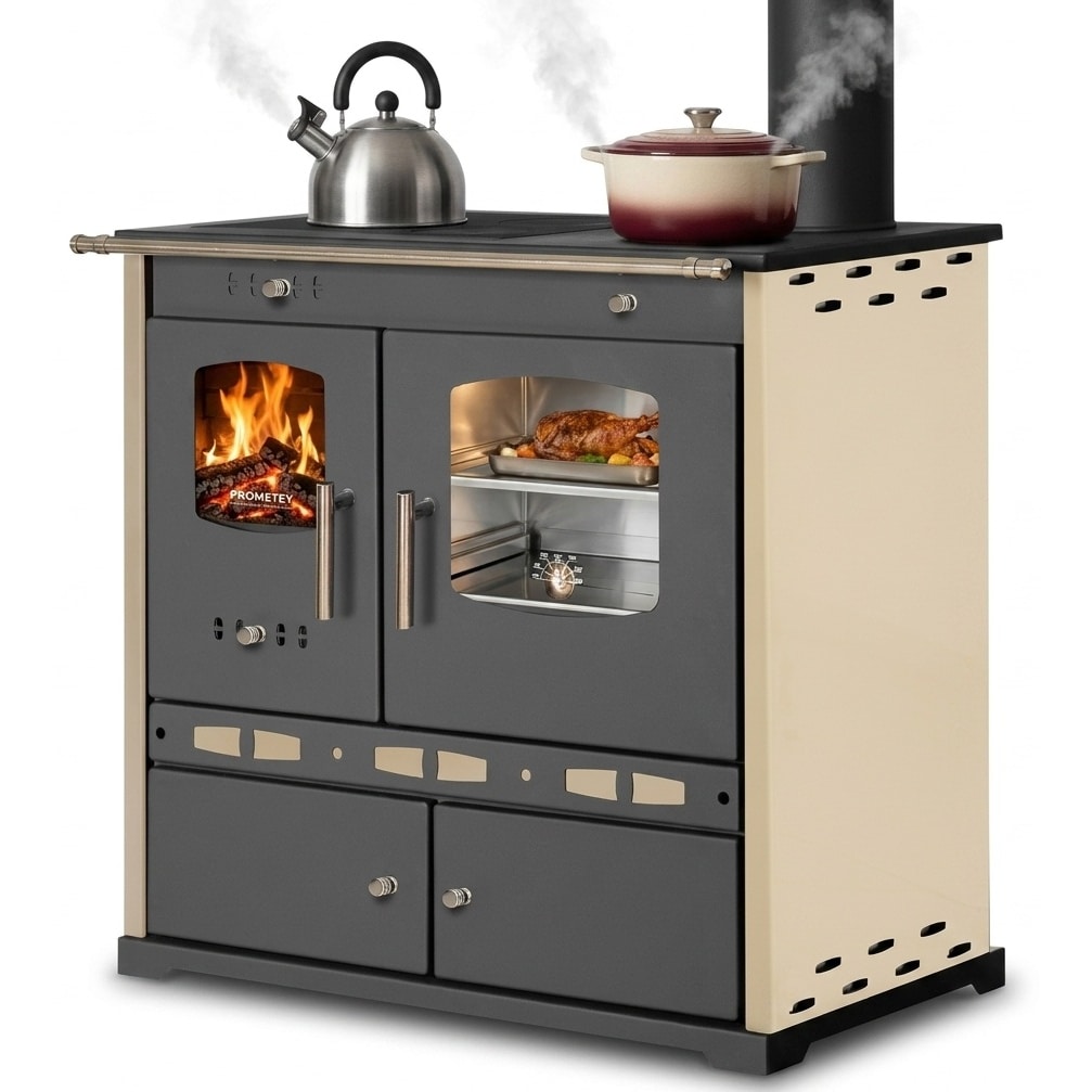Küchenofen Holzherd ECO LUX INOX, Edelstahlbackfach, creme, rechte Version