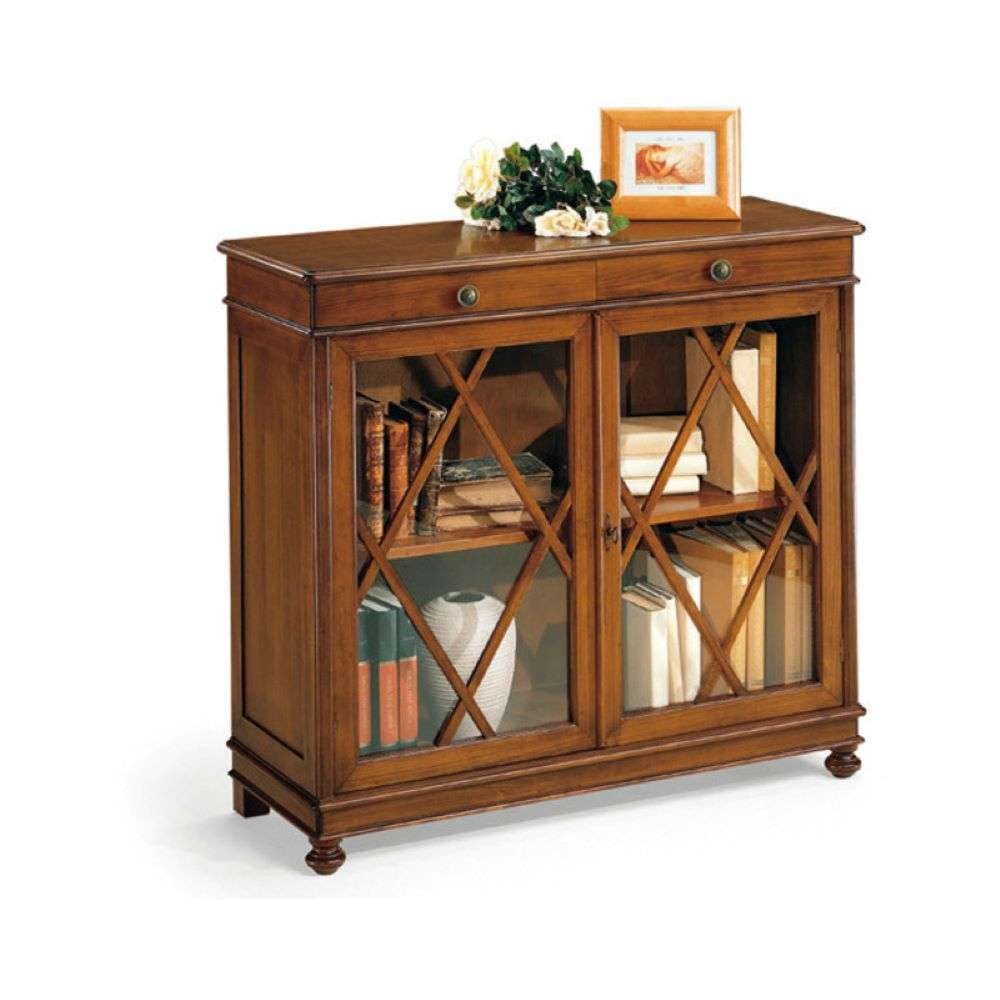 shopinnovativo -Libreria 2 ante 2 cassetti arte povera in legno massello e mdf con rifinitura in noce 110X40X100 H