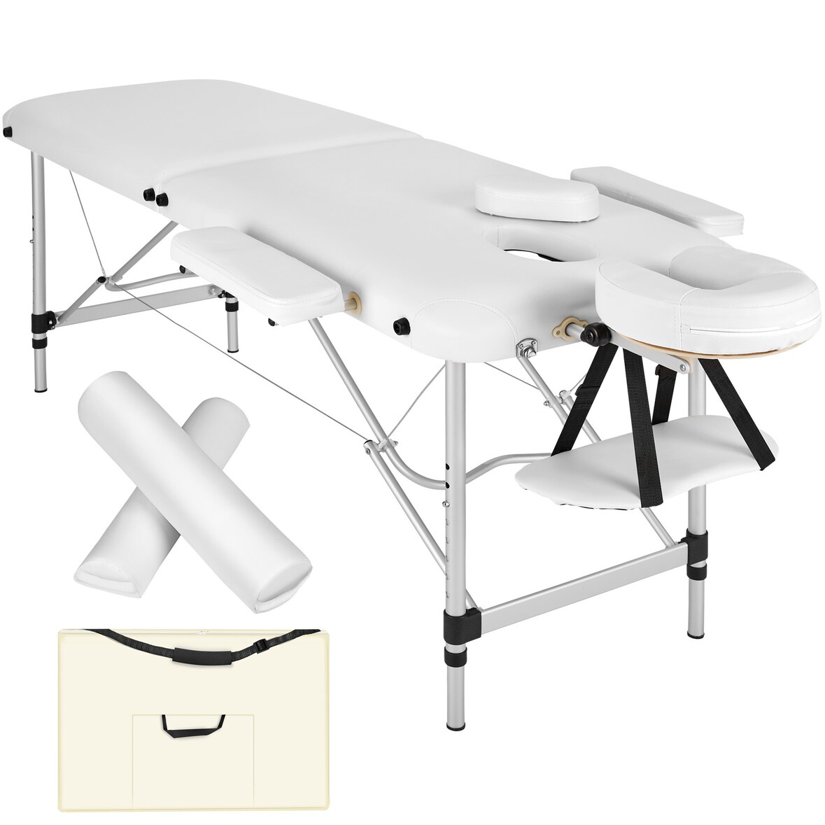 2 Zonen Massageliege-Set mit Polsterung, Massagerollen und Aluminiumgestellweiß