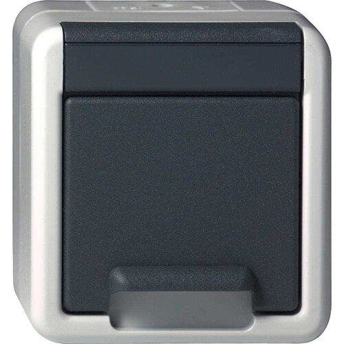 Steckdose, 1f, grau, Aufputz, Steckdose CEE 7/3 (Typ F), mit Klappdeckel, IP44, 444030