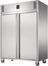 Ein großer, doppelter Edelstahlkühlschrank auf Rädern.