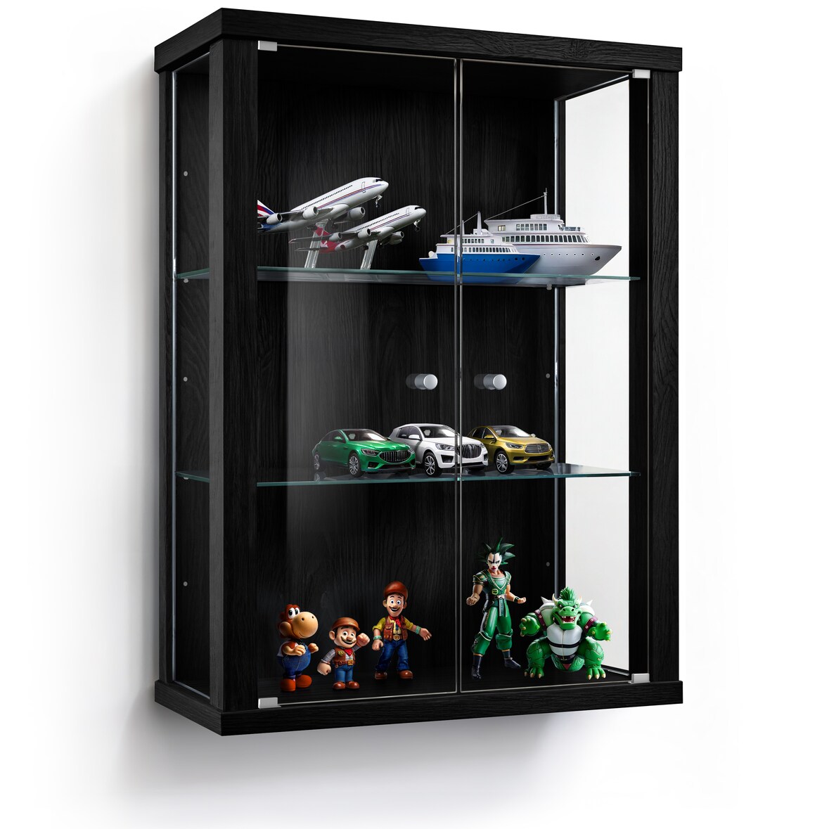 K-Möbel Vitrine Suspensa Vidro 80x60x25 cm Made in Germany com 2 prateleiras de vidro ESG ajustáveis Preto