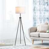 thumbnail of Stehlampe Standleuchte E27 Schwarz 37x37x152 cm mit Stativdesign 3 m Kabel Pedalschalter Stahlrahmen und klassischem Lampenschirm