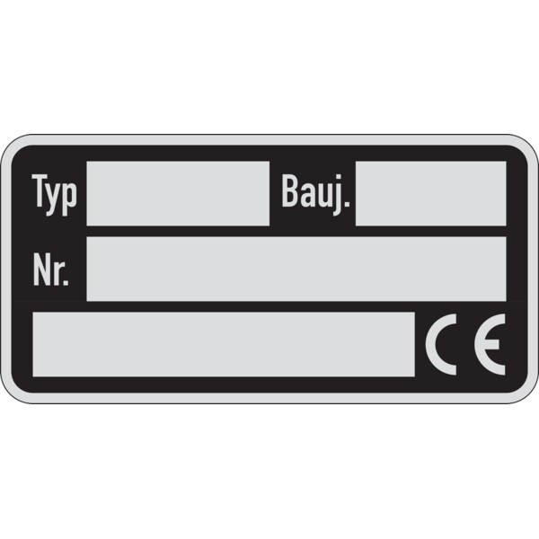 Typenschild, 4 Freifelder mit CE-Zeichen - Bund = 25 Stk - 50x25 mm Folie selbstklebend