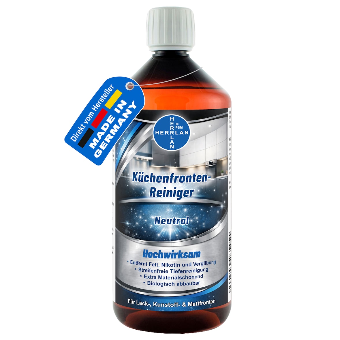 HERRLAN® Küchenfronten Reiniger 1000 ml ohne Duftstoffe - Für matte & glänzende Oberflächen - Entfernt Fingerabdrücke & Alltagsschmutz