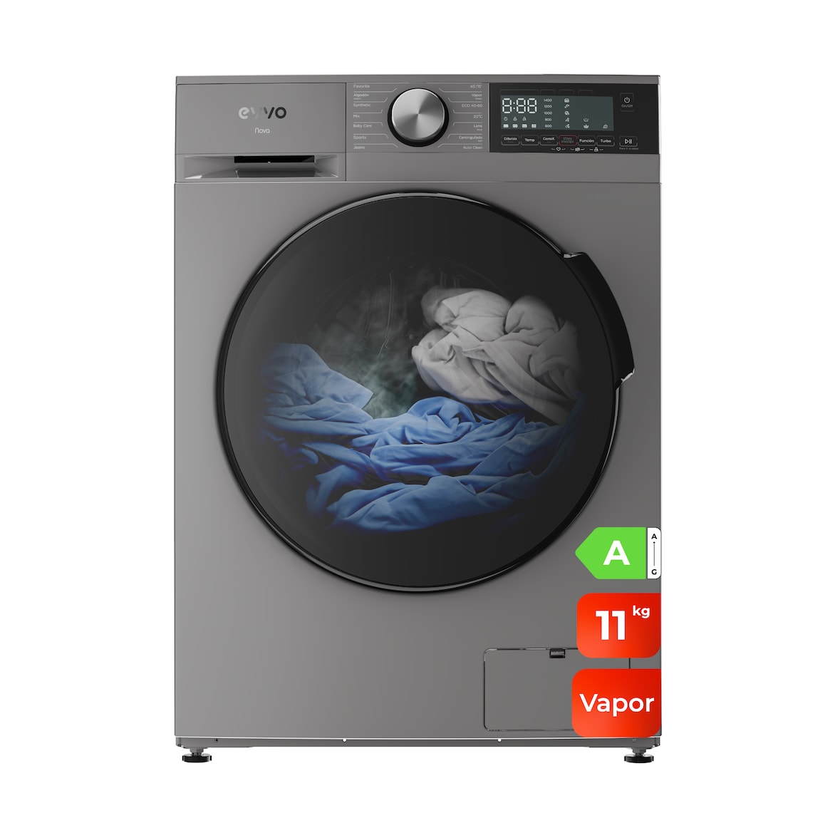 EVVO Lavadora 11 kg carga frontal Nova 11, 1350 rpm, Clase energética A, Motor Inverter, tambor diamante ePROTECT, 14 programas, Inox