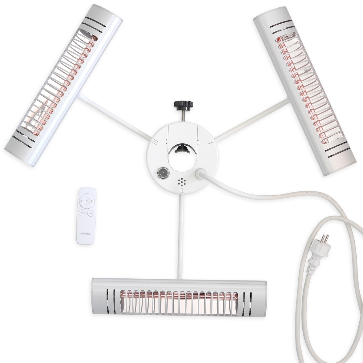 VASNER Umbrella X30 Schirm Heizstrahler Silber 3000 Watt für Sonnenschirm mit Stangen-Durchmesser 40 – 80 mm