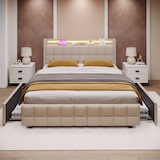 thumbnail of Merax LED Stauraumbett Polsterbett 180x200 Doppelbett aus Leinen mit 4 Schubladen & 2 Steckdosen & 2 USB & Lattenrost Beige