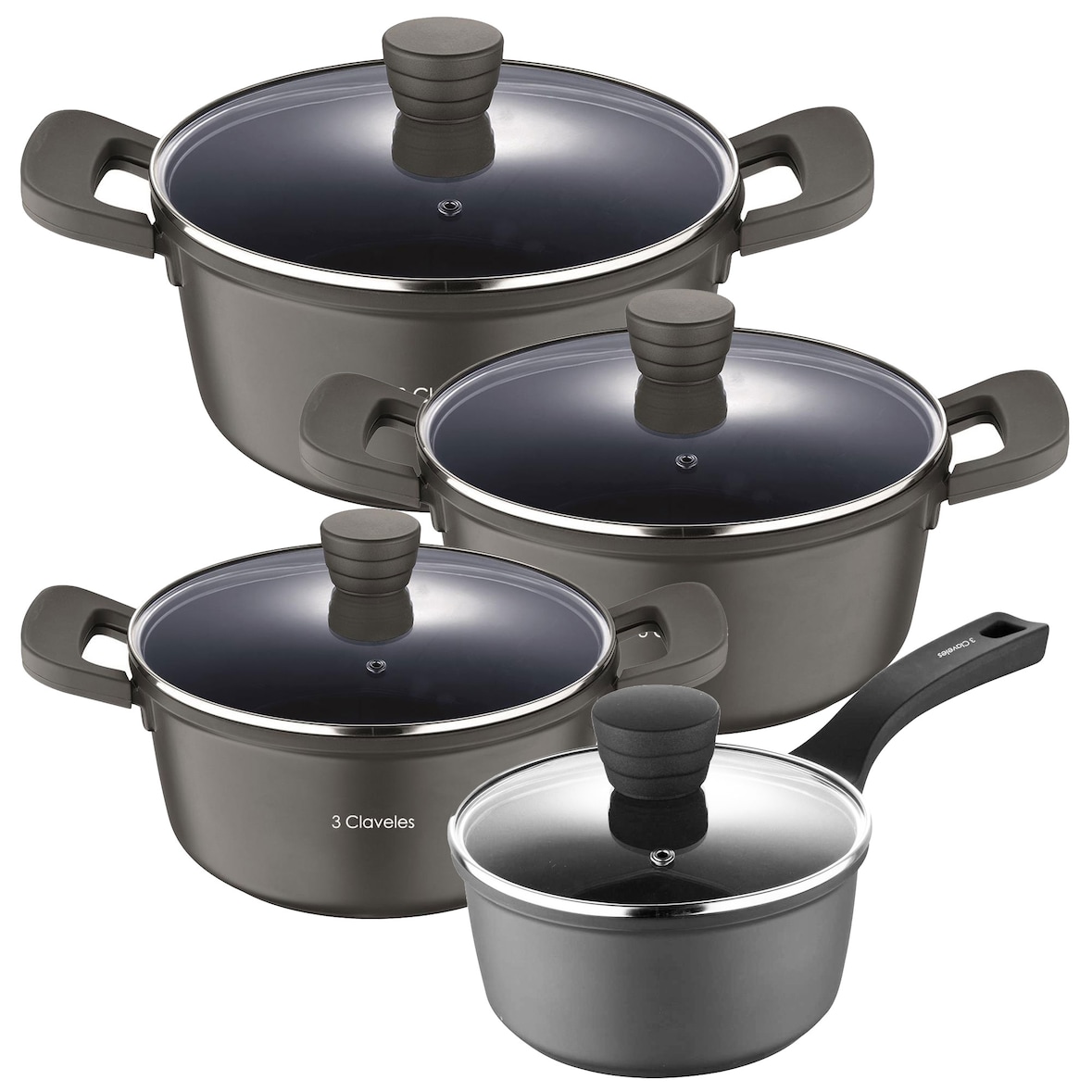 3claveles - Bateria de Cocina 3 Cacerolas Ø20/Ø24/Ø28cm y Cazo Ø16cm (1,3 L) con Tapas en Aluminio Fundido Antiadherente