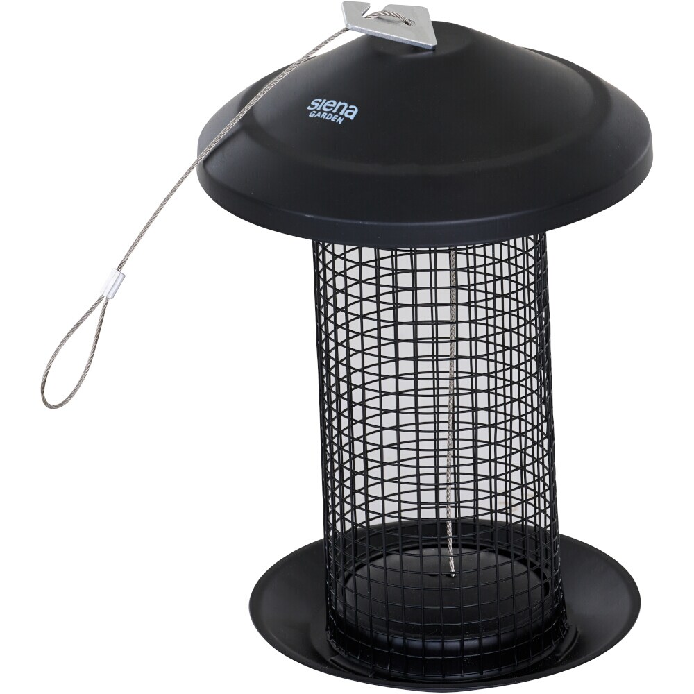 Futterspender 22 cm, Gehäuse und Dach aus Stahl pulverbeschichtet in black matt, Aufhänger aus Stahl pulverbeschichtet in silber