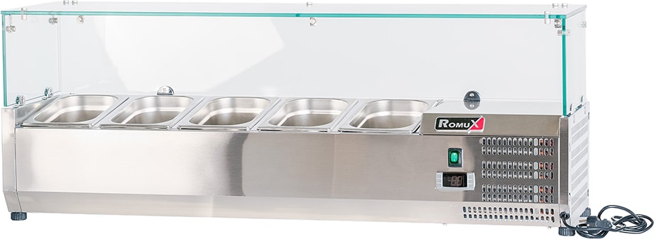 Romux® Kühlvitrinen für Tapas 120x33x44 cm aus Edelstahl und Glashaube mit 5 Becken GN 1/4 | Gekühlte Vitrine mit digitalem Dixell-Thermostat