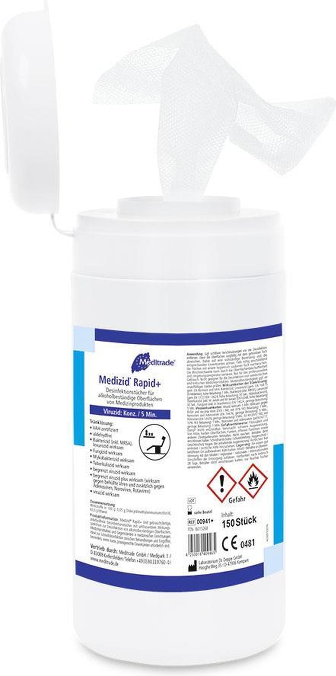 Medizid Rapid+  - Desinfektionstücher - aldehydfrei - viruzid - 12 Dosen a 150 Tücher