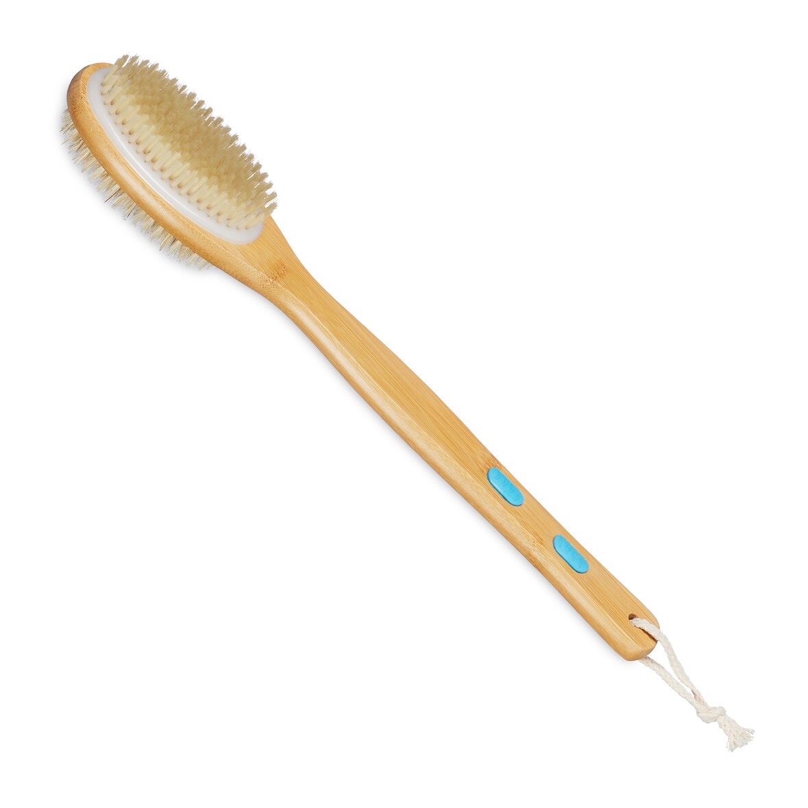 Relaxdays Rückenbürste, doppelseitige Duschbürste, langer Stiel, 44 cm, mit Anti-Rutsch-Pads, zum Duschen, natur/weiß