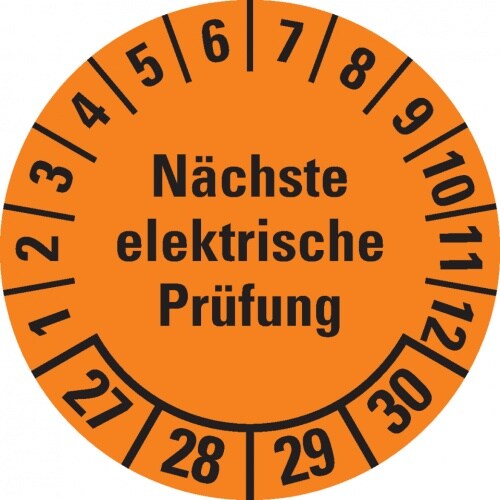 Dreifke® Prüfplakette Nächste elektrische Prüfung 27-30,orange,Dokufolie,Ø30mm,18 St/Bogen
