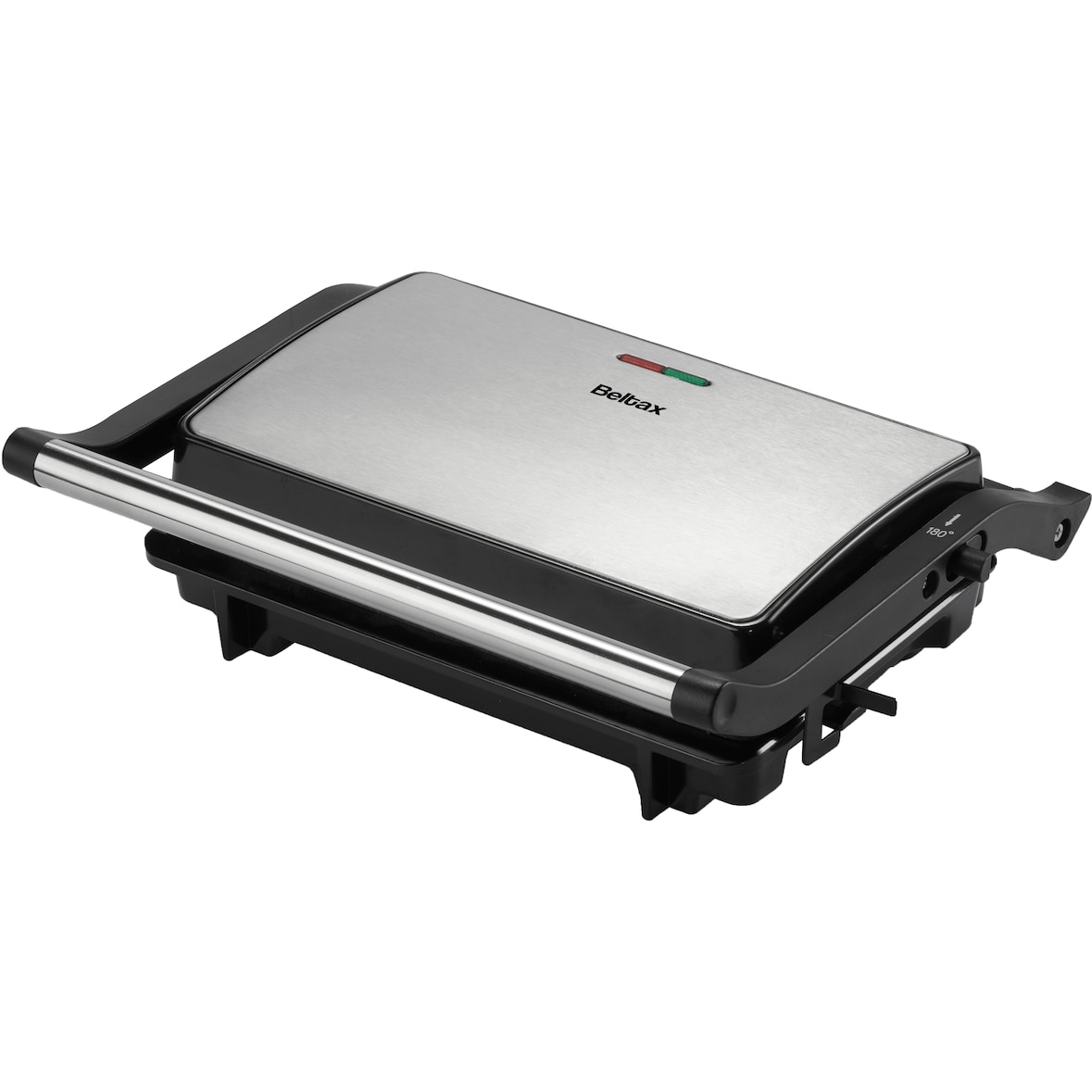 Parrilla eléctrica Beltax BSG2217; Potencia: 1000W; 23 x 14,5 cm; 2 bocadillos; Apertura de hasta 180°; Llama piloto