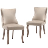 thumbnail of Esszimmerstuhl Samt Beige 91x50x52 cm mit Knopfsteppung und Ziernägeln, gepolstert, gebogene Massivholzbeine, klassisch elegant