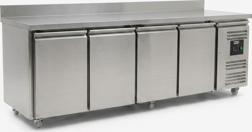 Romux® Kühltisch mit 4 Türen 223x70 cm mit Luftkühlung | Theken Kühlschrank aus Edelstahl mit Kapazität 553 L und Leistung 350 W