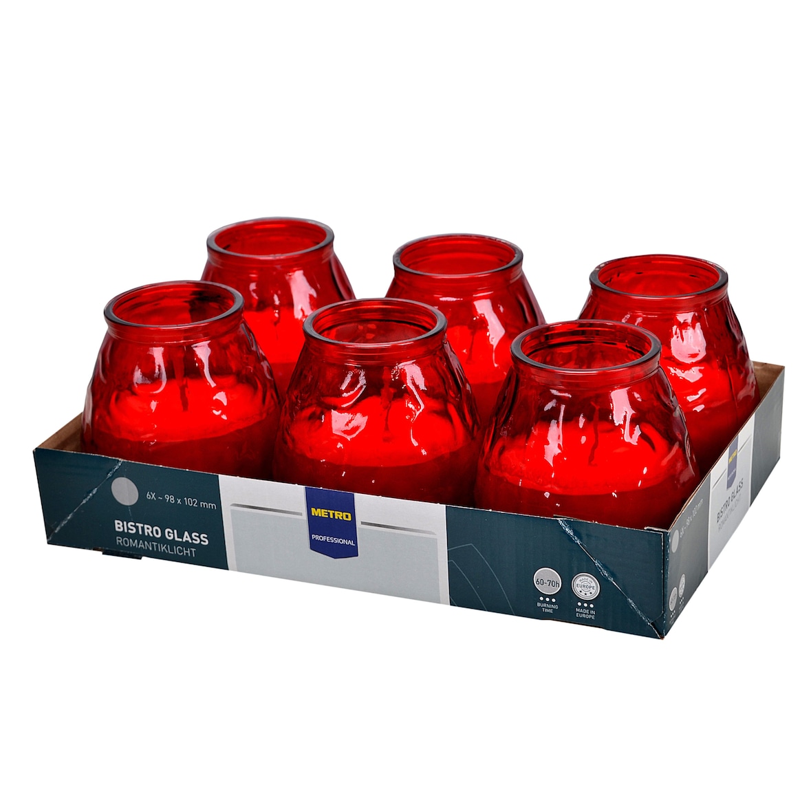 METRO Professional Candela in vetro, paraffina / cera vegetale, 9,8 x 10,2 cm, ca. 60 / 70 ore, rosso, 6 pezzi