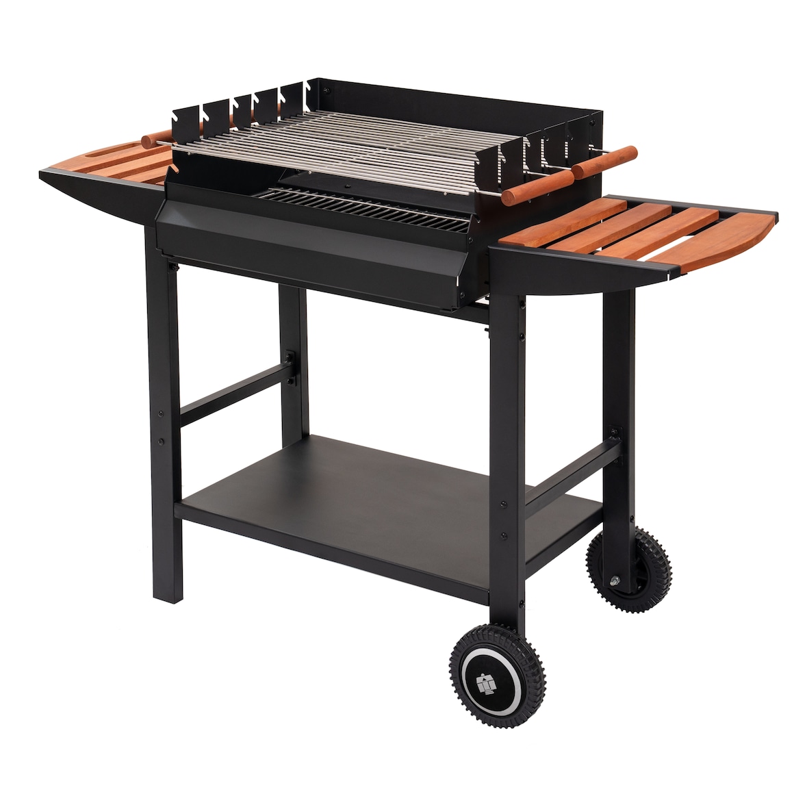 Tarrington House Barbecue a carbone Gouette, acciaio / legno, 130 x 56 x 90 cm, con 2 tavolini laterali, 2 ruote, nero