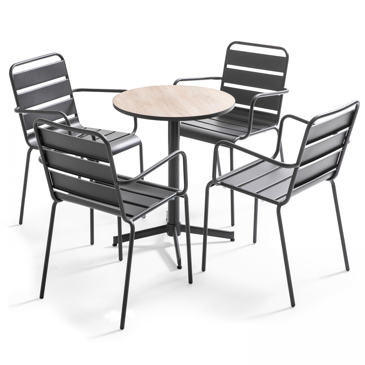 Tuinset - ronde tafel en 4 bruine stalen fauteuils