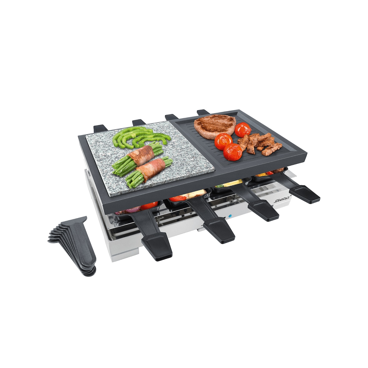 Steba Multi Raclette RC 88 mit Grillplatte und Naturstein, Ablage für Pfännchen und Pfännchenschaber