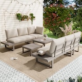 thumbnail of Merax Gartenmöbel-Set für 6 Personen, Eckmodul mit verstellbarer Neigungsfunktion, Seitenablage, Beige + Khaki
