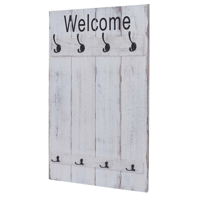 Emfogoo Appendiabiti Da Parete Rustico Con Mensola, 2 Cassetti E 4 Ganci In Metallo – Legno Di Paulownia Bianco Vintage, Per Ingresso E Corridoio - 2