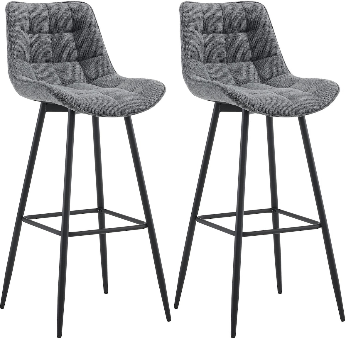 Décoshop26 - Set aus 2 Barhockern mit dekorativen Quadratnähten und Fußstützen aus dunkelgrauem Stoff vier Metallbeine 10_0006536