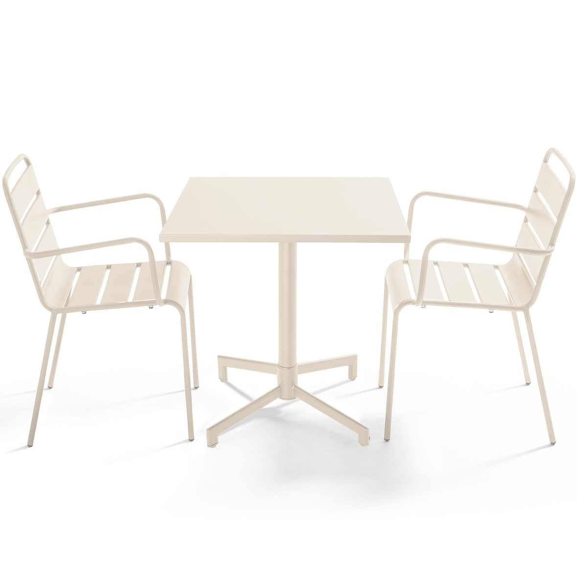 70 cm tafel en 2 tuinstoelen in ivoorkleurig metaal