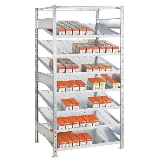 PROREGAL Kanbanregal MULTIplus150 | Grundregal | HxBxT 200x100x80cm | 7 Ebenen | Fachlast 150kg | mit Trenn- und Seitenführungen | Verzinkt