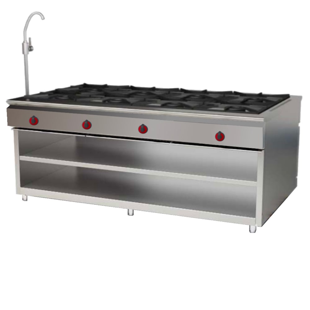 EURAST - Centrale keuken 8 branders op steun met 2 planken, op gas - 1900x1050x900 mm - 45 Kw - 40041810