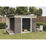 thumbnail of Gerätehaus Metall 8,96 m2 Coffee - 333x269x189cm - Kaminholzregal mit Dach - Doppelschiebetür - Geräteschuppen - Gartenhaus