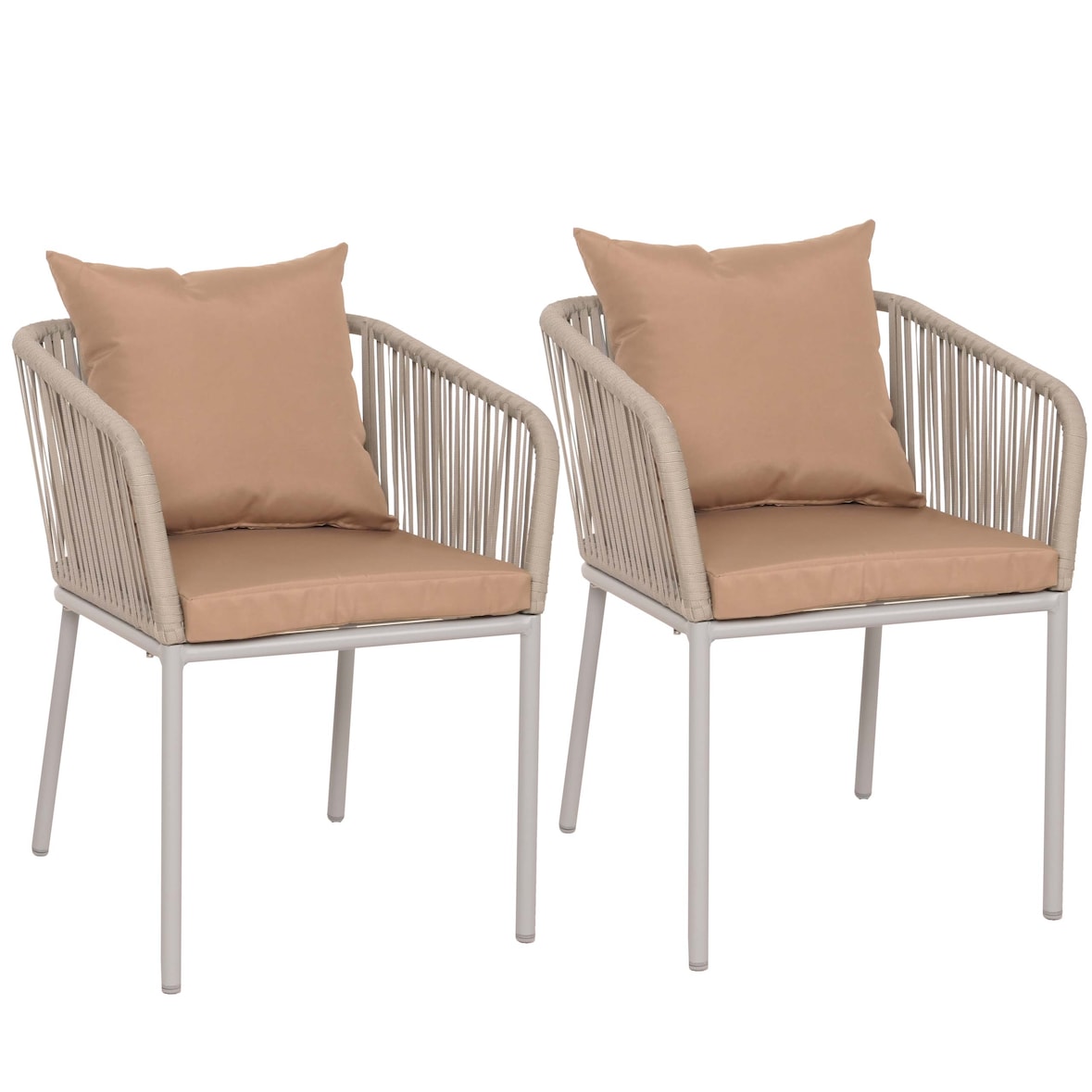 2er-Set Gartenstuhl HWC-N41, Outdoor Armlehne, wetterfest Aluminium Seilgeflecht Rope ~ grau Kissen taupe