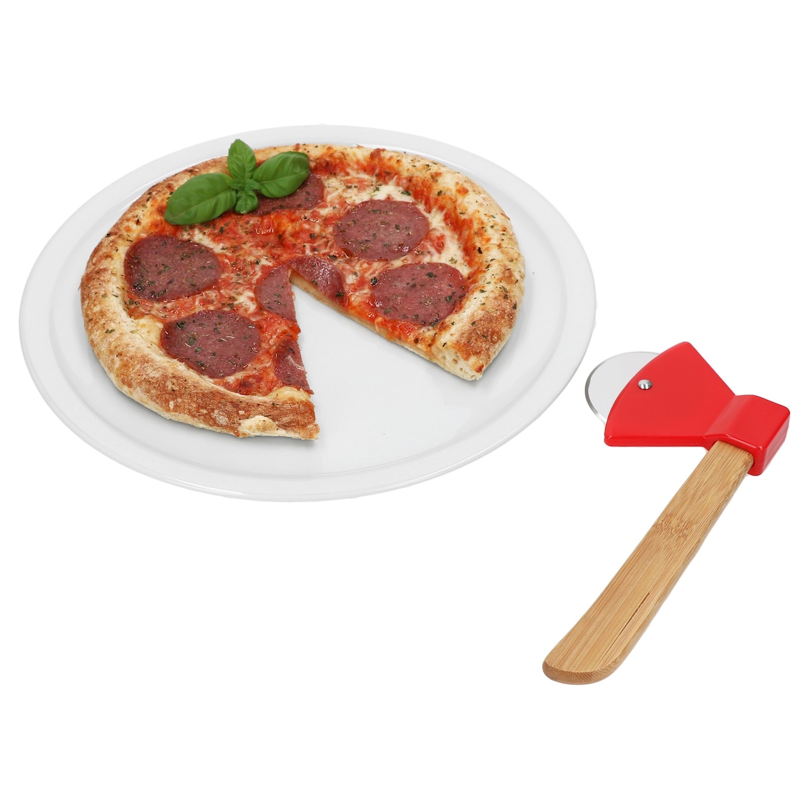 2tlg Geschenkset Pizzaschneider Axt + Bianco Pizzateller Ø30,5cm weiße XL-Teller