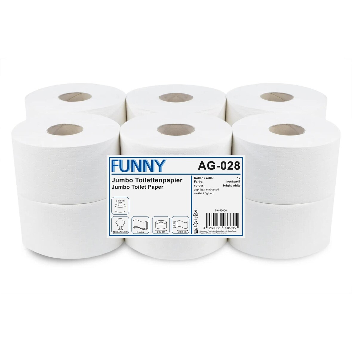 Jumbo Toilettenpapier FUNNY - 3 - lagig - Ø 19 cm - weiß - 12 Rollen