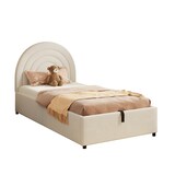 thumbnail of Einzelbett 90x200 mit hydraulischem Stauraum gepolstertem Kopfteil Bouclé-Stoff stabilem Lattenrahmen geräuschdämpfenden Polstern Beige