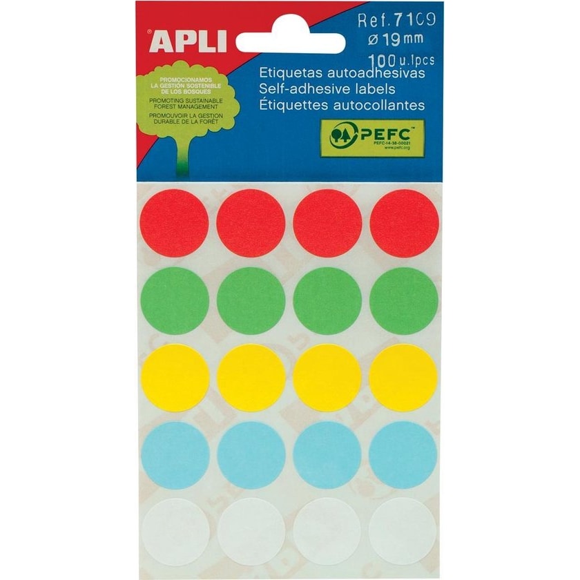 APLI Selbstklebende Etiketten Durchmesser 19 mm,100 st, 5 Blatt - assortiert