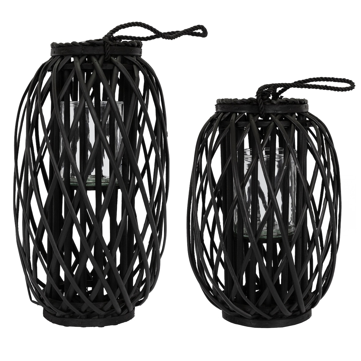 ECD Germany Laterne Ried 2er Set Schwarz, Seilfaser, Flechtoptik Rattan, mit Henkel & Glaseinsatz