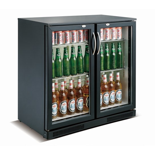 Barkühlschrank STERLET | 2x abschließbare Glastür + LED | 198 Liter, HxBxT 90x90x50cm | +2/+10°C | Schwarz | + CHEFGASTRO Geschirrtuch