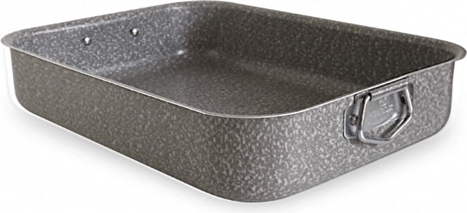 Bandeja para lasaña de aluminio antiadherente, 19,5 x 25 x 6 cm, con asas laterales y borde alto.
